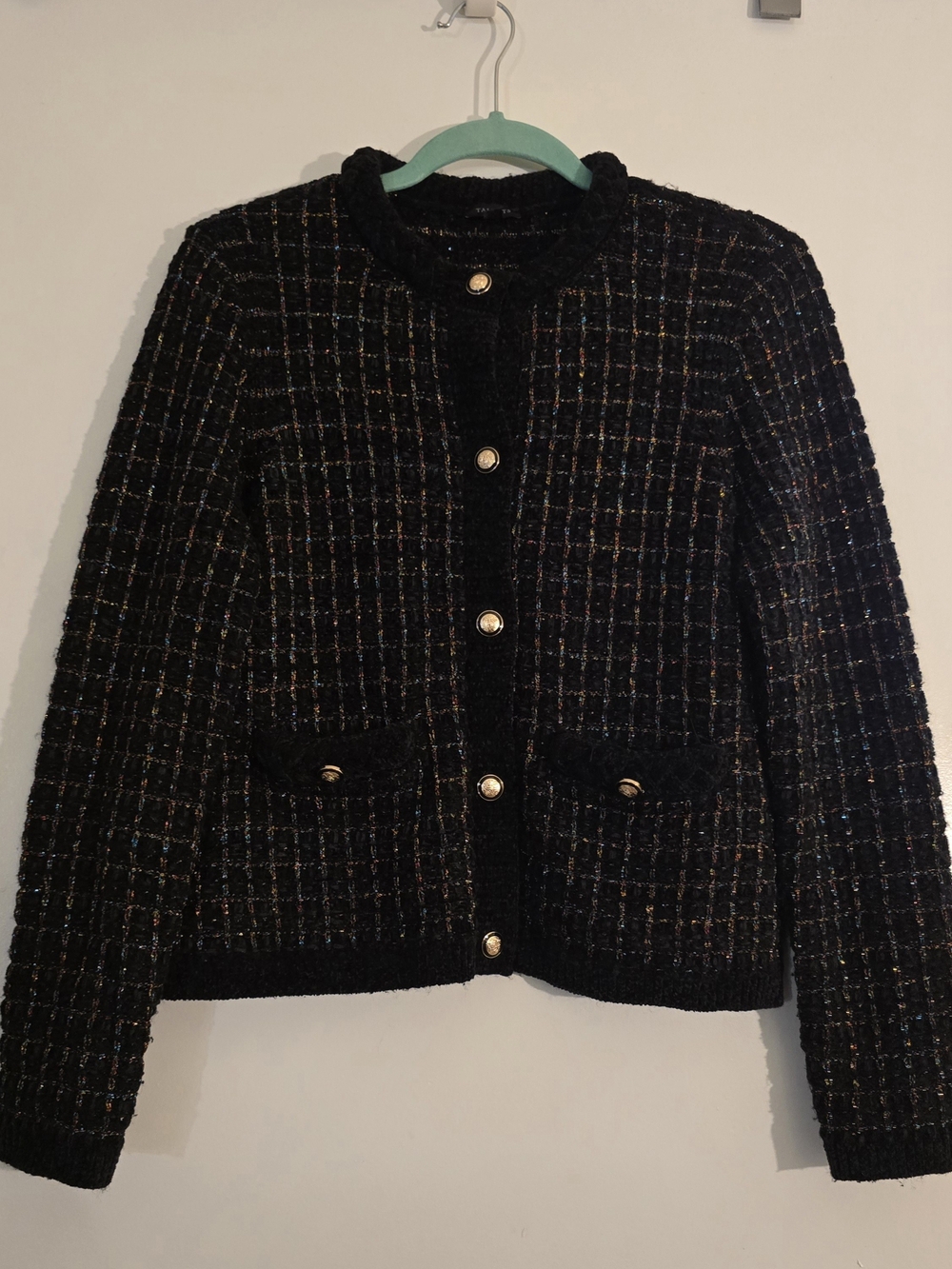 Talbots Black Tweed Button-Front Jacket Sweater with Gold Buttons Small